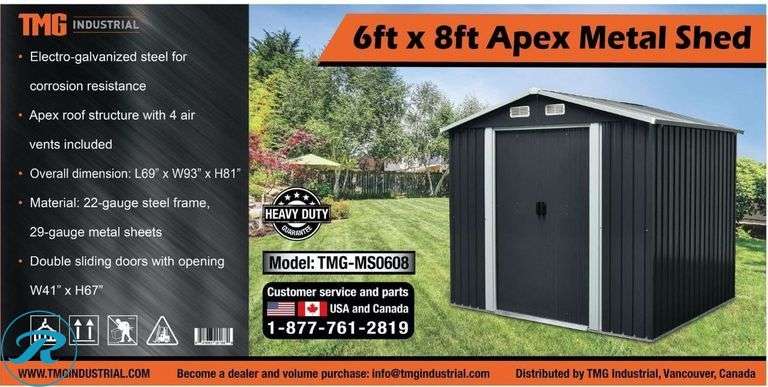 New TMG Industrial TMG-MS0608 Apex Roof Metal Shed, 6' x 8' - Roller Auctions
