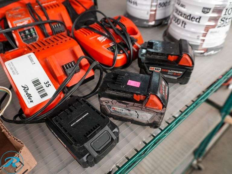(2) Milwaukee M18 and Hyper Tough 20V Batteries, Chargers and Bag - Roller Auctions