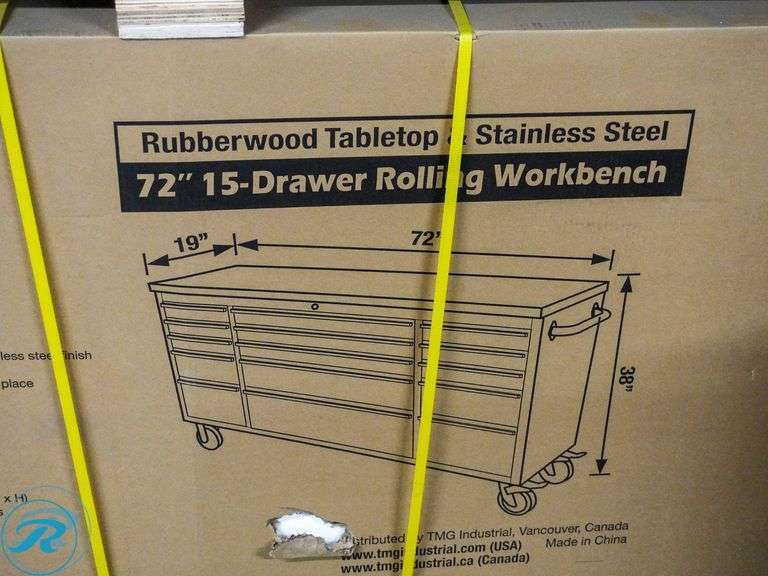 New TMG Industrial TMG-WB7215S 15-Drawer Rolling Workbench, 72", Rubberwood Tabletop and Stainless Steel - Roller Auctions