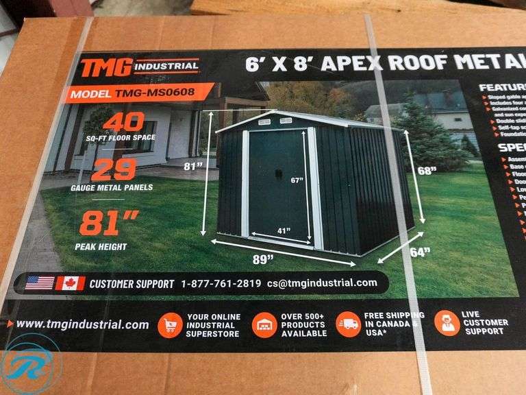 New TMG Industrial TMG-MS0608 Apex Roof Metal Shed, 6' x 8' - Roller Auctions