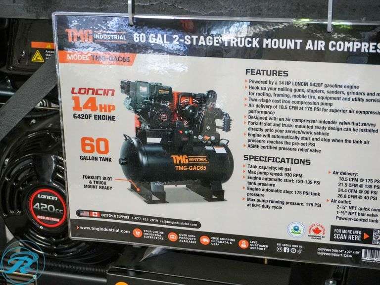 New TMG Industrial TMG-GAL65 Horizontal Air Compressor, 14Hp Gas Engine, 2-Stage, 65-Gallon - Roller Auctions