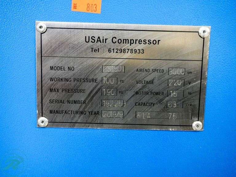 New US Air 20HPD1VSD Rotary Screw Air Compressor, 20Hp, 85 CFM, 208-230 VAC, Single or 3ph, Variable Frequency Drive - Roller Auctions