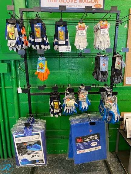 6'x8' TARPS - QTY 7, 8'x10' TARPS - QTY 4. VARIOUS STYLES OF GLOVES