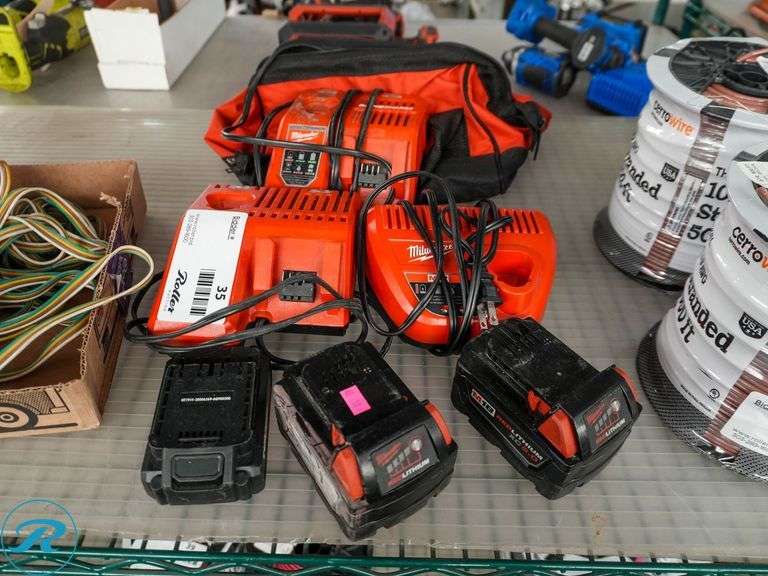 (2) Milwaukee M18 and Hyper Tough 20V Batteries, Chargers and Bag - Roller Auctions