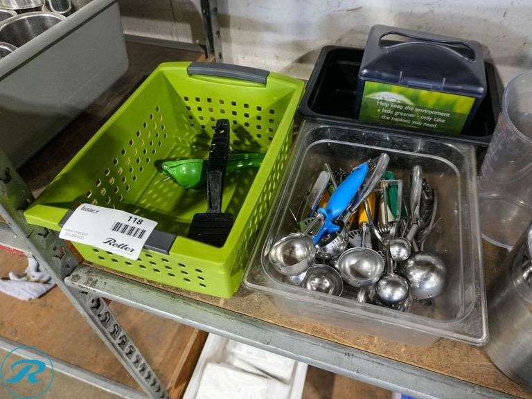 Shelf of Kitchen Utensils, Pitchers and Trays - Roller Auctions