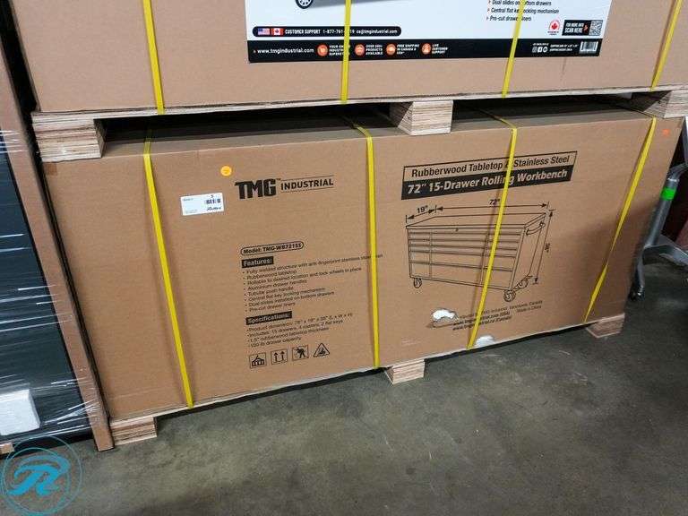 New TMG Industrial TMG-WB7215S 15-Drawer Rolling Workbench, 72", Rubberwood Tabletop and Stainless Steel - Roller Auctions