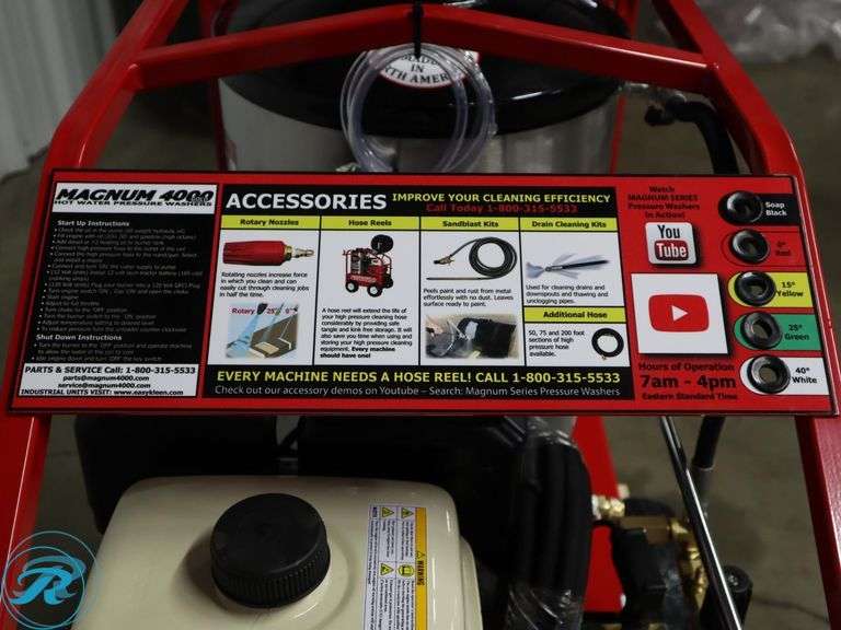 New Magnum 4000 Gold Hot Water Pressure Washer, Gas Engine, Diesel Burner, With Hose And Wand, S/N: 244969 - Roller Auctions
