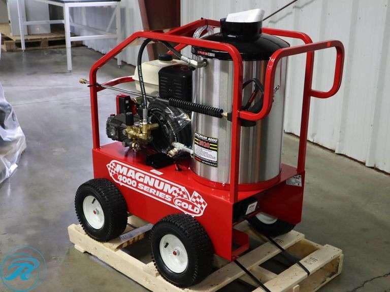New Magnum 4000 Gold Hot Water Pressure Washer, Gas Engine, Diesel Burner, With Hose And Wand, S/N: 244969 - Roller Auctions