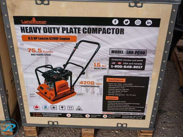 New Land Honor Heavy Duty Gas Plate Compactor, 6.5 HP, MOD: LHR-PC90 - Roller Auctions