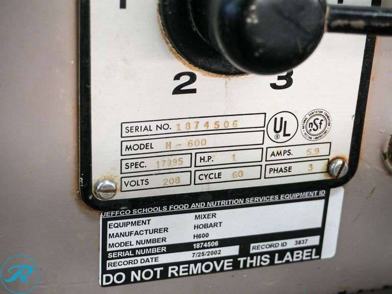 Hobart H-600 Mixer, 60Qt, 208V, 3ph - Roller Auctions