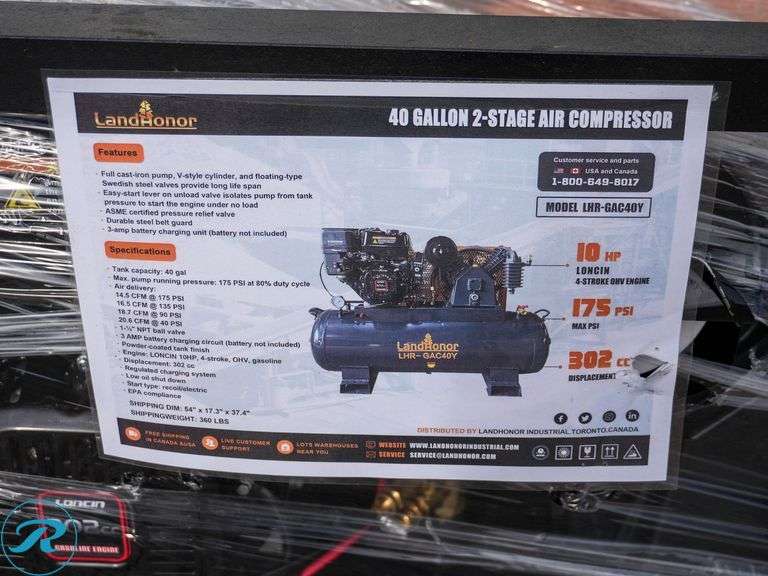 New Land Honor 40-Gallon 2-Stage Air Compressor, 10 HP Gas Engine, 175 PSI - Roller Auctions