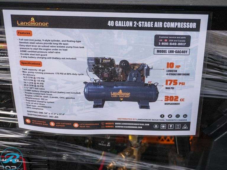 New Land Honor 40-Gallon 2-Stage Air Compressor, 10 HP Gas Engine, 175 PSI - Roller Auctions