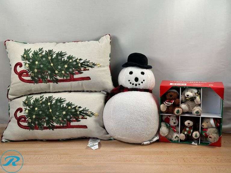 (2) Holiday Decor Pillow- New; Holiday Plush, Snowman- New; 12- Piece 4.5" Bear & Animal Plush Ornament- New/ Missing 1 Plush
