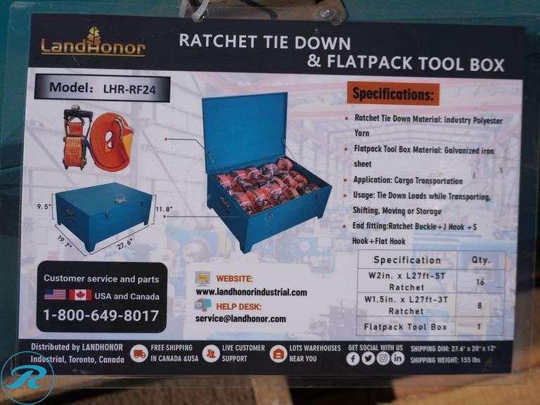 New Land Honor LHR-RF24 Ratchet Tie Downs And Flatpack Toolbox, Includes: (16) 2" W X 27' L, 5-Ton Ratchets, (8) 1.5" W X 27' L, 3-Ton Ratchets - Roller Auctions