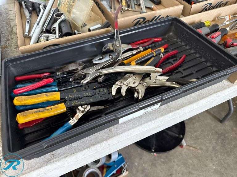 Hand Tools Including Pliers, Crimpers, and Locking Pliers in Plastic Tray
