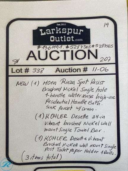 [3 Items Total] New (1) Moen Rinza Spot Resist Brushed Nickel Single Hole 1-handle water sense high-arc residential handle bath sink faucet with drain (1) Kohler Desette 24" vibrant brushed nickel wall mount single towel bar (1) Kohler Desette vibrant brushed nickel wall mount single post toilet paper holder 1 rolls - Roller Auctions