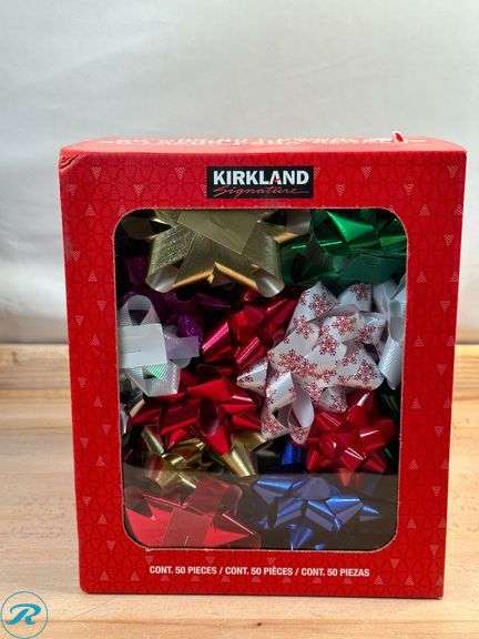 (4) Kirkland Signature Holiday Bows, 50-count, Assorted Colors- New; (2) Hand Decorated Glass Ornaments, 18pc- New/ Missing Unit - Roller Auctions