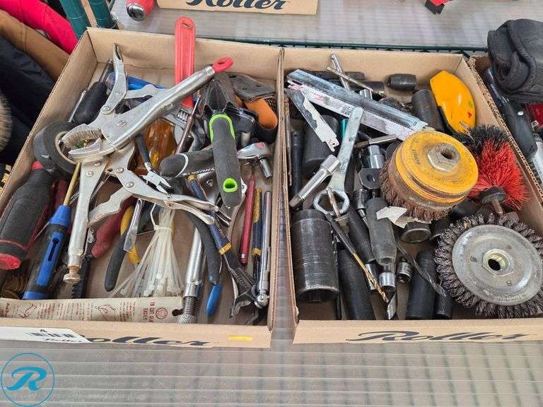 Shelf of Hand Tools and Power Tool Accessories Including Screwdrivers, Pliers, and Batteries - Roller Auctions