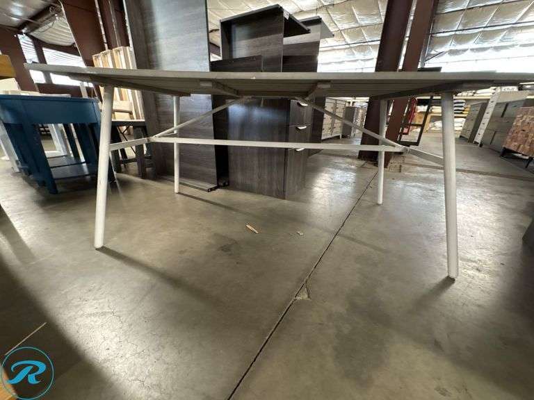 Outdoor Table with Slatted Top and White Metal Legs, 63″ x 33″ x 36″ - Roller Auctions