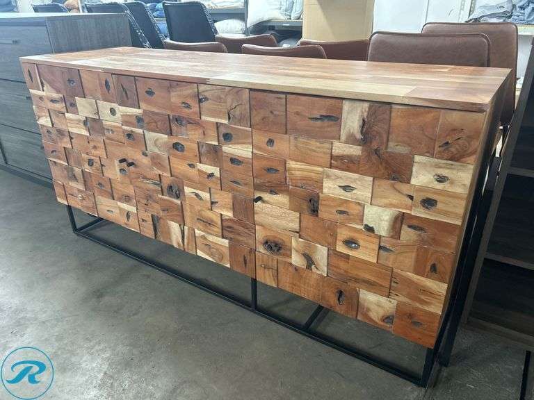 Wooden Sideboard with Block Pattern Design and Metal Base, 62″ x 18″ x 31″