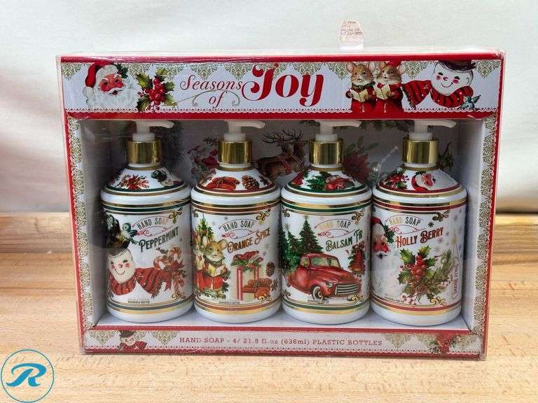 Glass Ornaments Decor- Like New; (2) Holiday Decor, Peppermint- New; Seasons of Joy: Holiday Handsoap- Like New; Kirkland Signature: Assorted Deluxe Holiday Gift Bows 50-Piece- New; Kirkland Signature: Wire Edged Ribbon- New - Roller Auctions