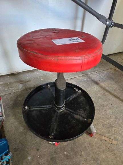 Adjustable Rolling Shop Stool with Red Cushion and Black Base