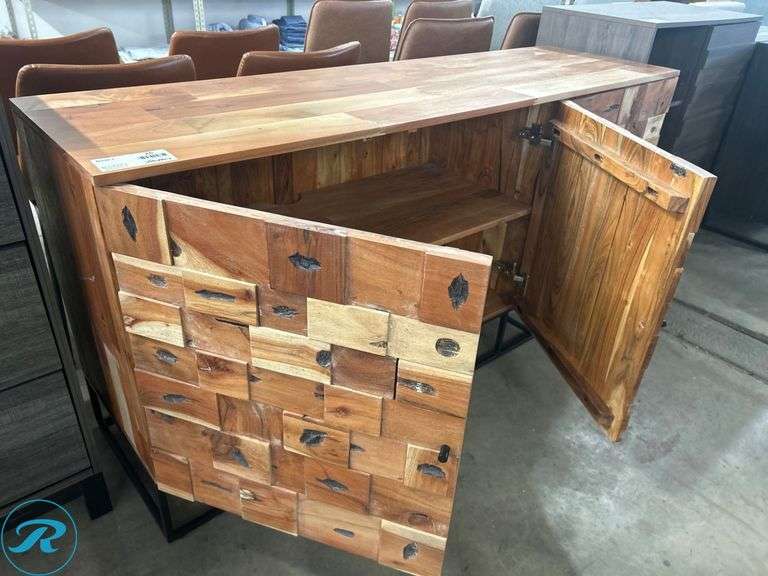 Wooden Sideboard with Block Pattern Design and Metal Base, 62″ x 18″ x 31″ - Roller Auctions