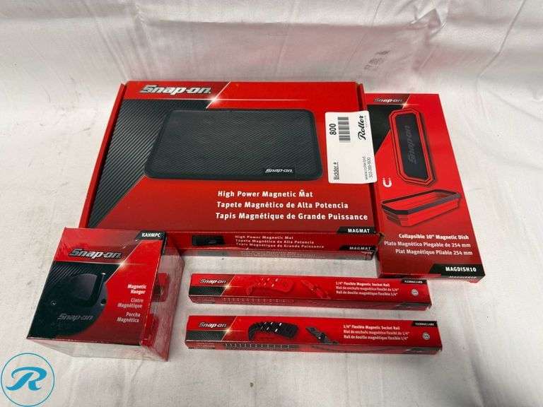Snap-on Magnetic Tools Set: (2) MAGMAT High Power Mats, MAGDISH Collapsible 10″ Dish, (2) FLEXRAIL14RD Socket Rails, KAHMPC Hanger - Roller Auctions