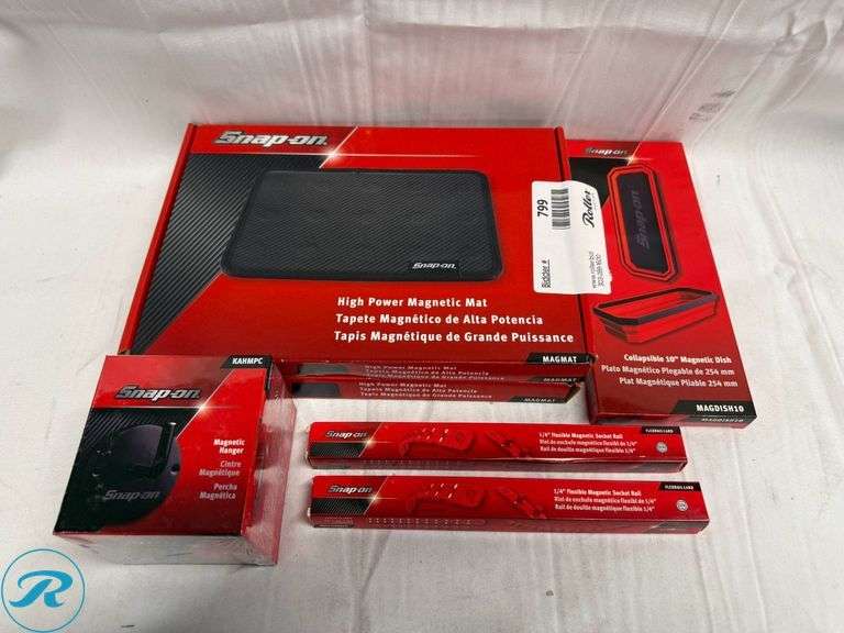Snap-on Magnetic Tools Set: (2) MAGMAT High Power Mats, MAGDISH Collapsible 10″ Dish, (2) FLEXRAIL14RD Socket Rails, and KAHMPC Hanger - Roller Auctions