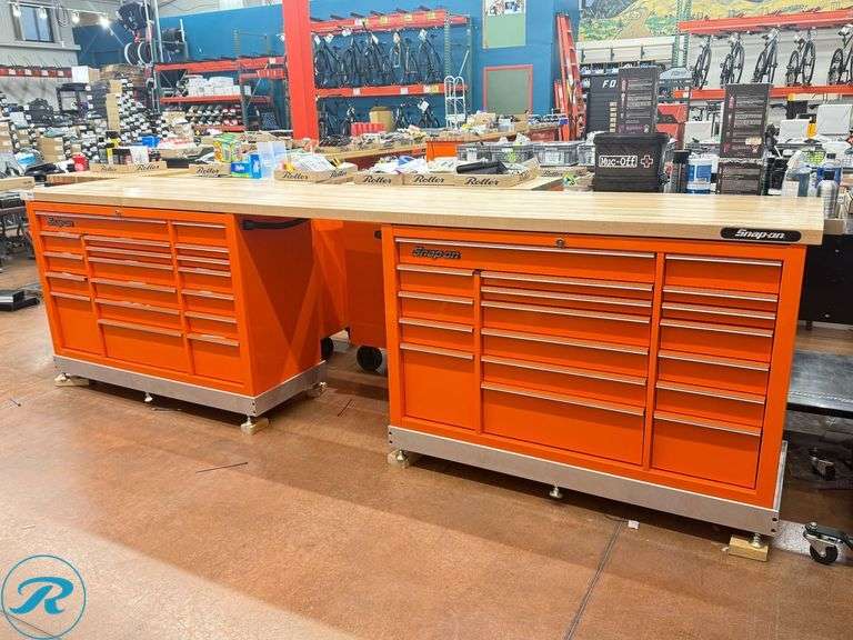 (2) Snap-on KRA5318FPJK 18-Drawer 53″ Tool Chests With Butcher Block Countertop, 137″ x 27.5″ x 1.5″ (No Key)