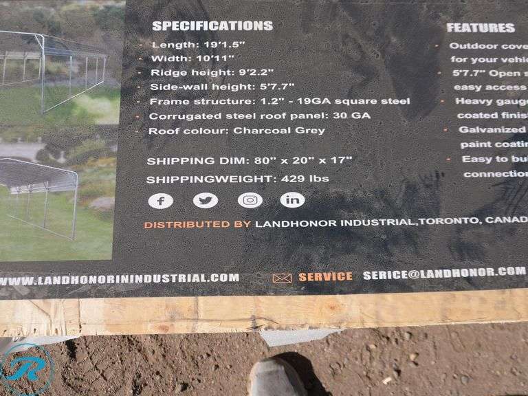 New Land Honor LHR-CP1119 All Steel Carport With 10' Open Sidewalls, 11' x 19' - Roller Auctions