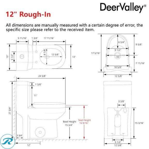 (1) New- DeerValley Liberty White Round Standard height 12-in Rough-In WaterSense 1.6 GPF Dual Flush Soft Close 1-piece Toilet - Roller Auctions