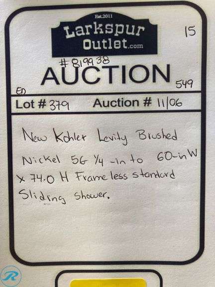 (1) New Kohler Levity Brushed Nickel 56 1/4" to 60" W x 74" H Frameless Standard Sliding Shower - Roller Auctions