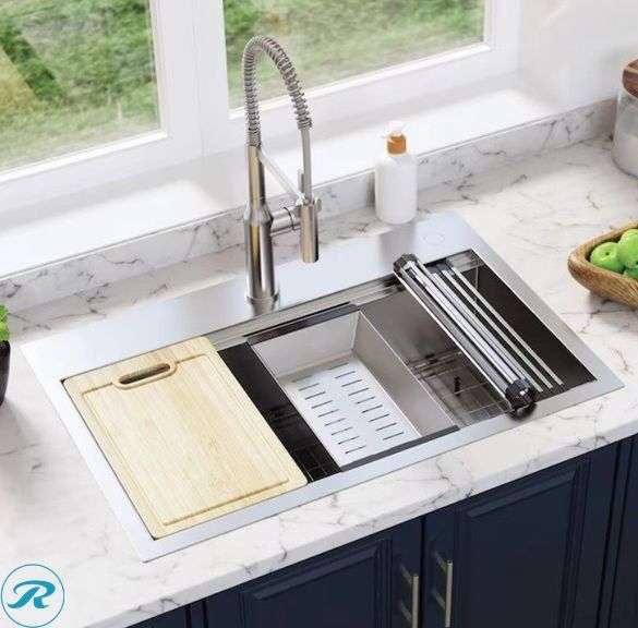 (1) New allen + roth Dennison Drop-in or undermount 33-in x 22-in Stainless steel Single bowl 18 -Gauge Workstation Kitchen Sink All-in-One Kit