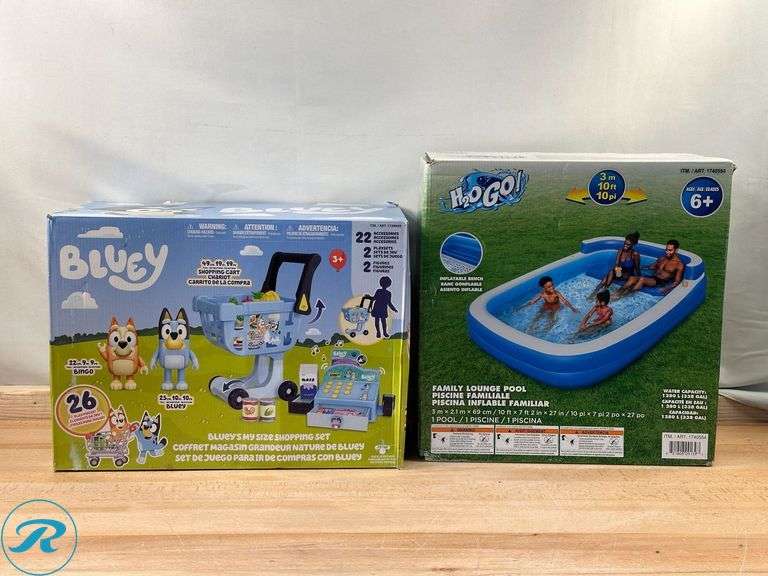 Bluey: My Size Shopping Cart- New; H2OGO! Inflatable Family Lounge Pool- New - Roller Auctions