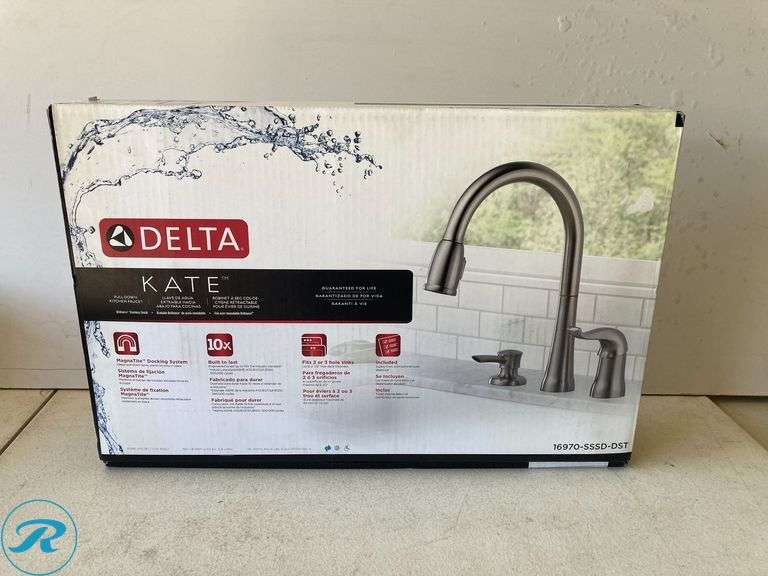 (1) Delta Kate Stainless Single Handle Deck-mount Pull-down Kitchen Faucet with Sprayer (Includes Soap Dispenser) - Roller Auctions