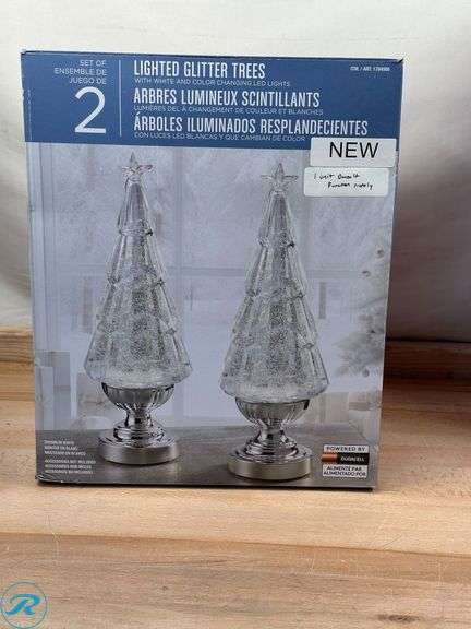 14" Lighted Glitter Tree Lantern, Set of 2- New/ (1) Unit isn't  Lighting up; (2) Holiday Lantern with LED- New/ (1) Missing Cord - Roller Auctions