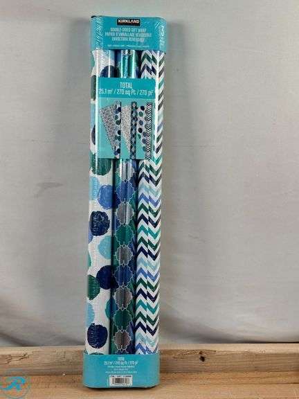 (4) Kirkland Signature: Double Sided Gift Wrap, 3-rolls, 270 sq. ft. Total- New; Kirkland Signature: Double- Sided Gift wrap, 270sq ft- New - Roller Auctions