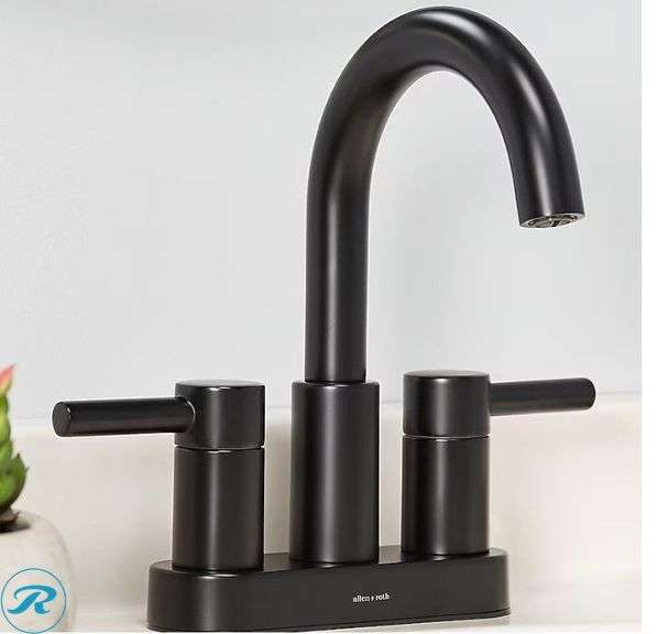 (2) allen + roth Harlow Matte Black 4-in centerset 2-handle WaterSense High-arc Residential Handle Bathroom Sink Faucet with Drain with Deck Plate - Roller Auctions