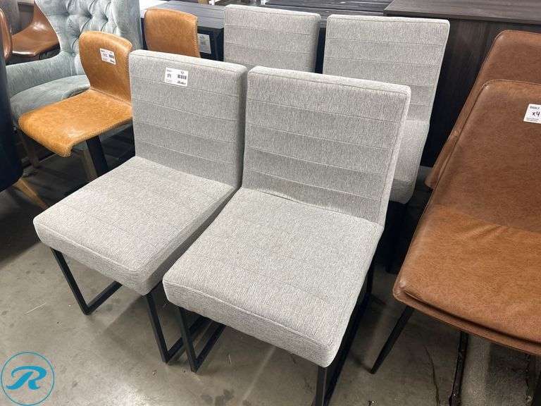 (4) Gray Upholstered Dining Chairs with Black Metal Legs
