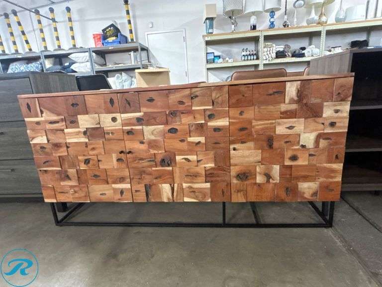 Wooden Sideboard with Block Pattern Design and Metal Base, 62″ x 18″ x 31″ - Roller Auctions