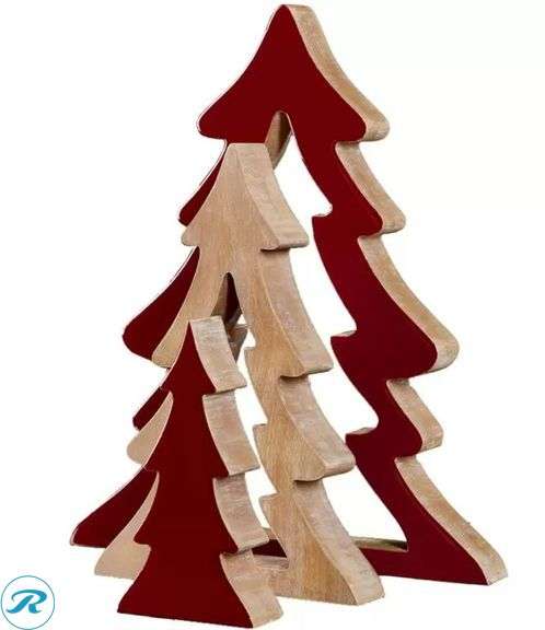 (2) Nesting Wood Trees 45cm- (1) New, Red & (1) New, Green; Evergreen: LED Glass Raindrops- New - Roller Auctions