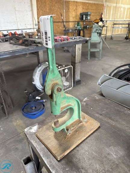 Green Metal Arbor Press Mounted on Wooden Base