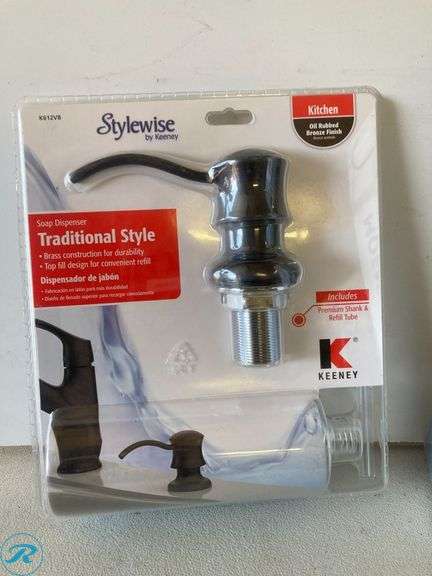 [2 Items Total] New (1) Moen Caldwell Matte Black Double Handle Deck-Mount Kitchen faucet w/ sprayer (includes deck plate side sprayer) (1) Keeney Oil Rubbed Bronze 10 oz Capacity Deck Mount Soap and Lotion Dispenser - Roller Auctions