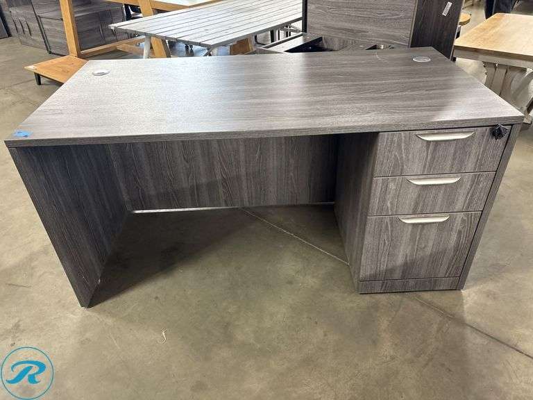 (3) Office Desks in Gray Wood Laminate: Including Single Pedestal Desk 60” x 30”, with 42” Return, 66” x 30”, and 48” x 24” Desks