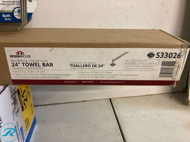 (4)Assortment- New Bathroom Accessories. Included: Centerset Bath Faucet 4" 2 handles, 24" Towel Bar, Hanging Caddy,  Shower Head Combo Set - Roller Auctions
