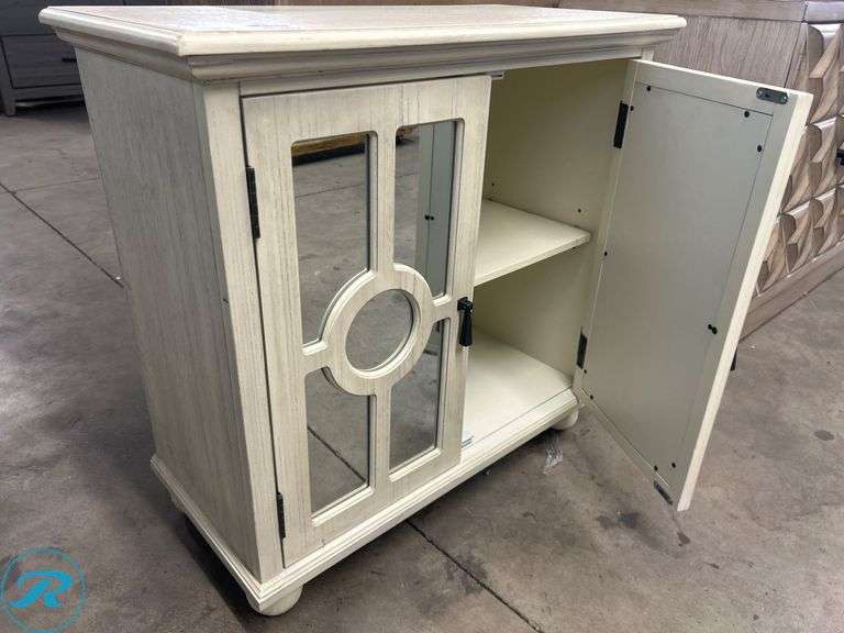 Two-Door Beige Cabinet with Mirrored Panels, 28″ x 14″ x 28″ - Roller Auctions