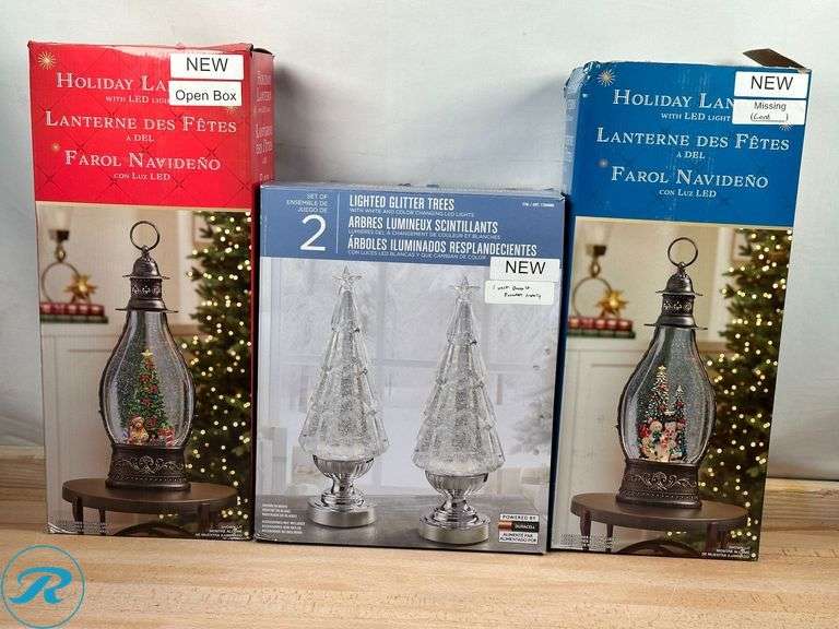 14" Lighted Glitter Tree Lantern, Set of 2- New/ (1) Unit isn't Lighting up; (2) Holiday Lantern with LED- New/ (1) Missing Cord