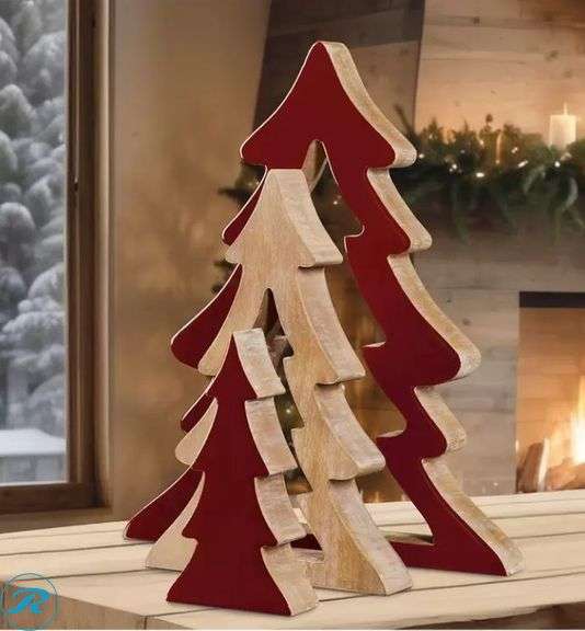 (2) Nesting Wood Trees 45cm- (1) New, Red & (1) New, Green; Evergreen: LED Glass Raindrops- New - Roller Auctions