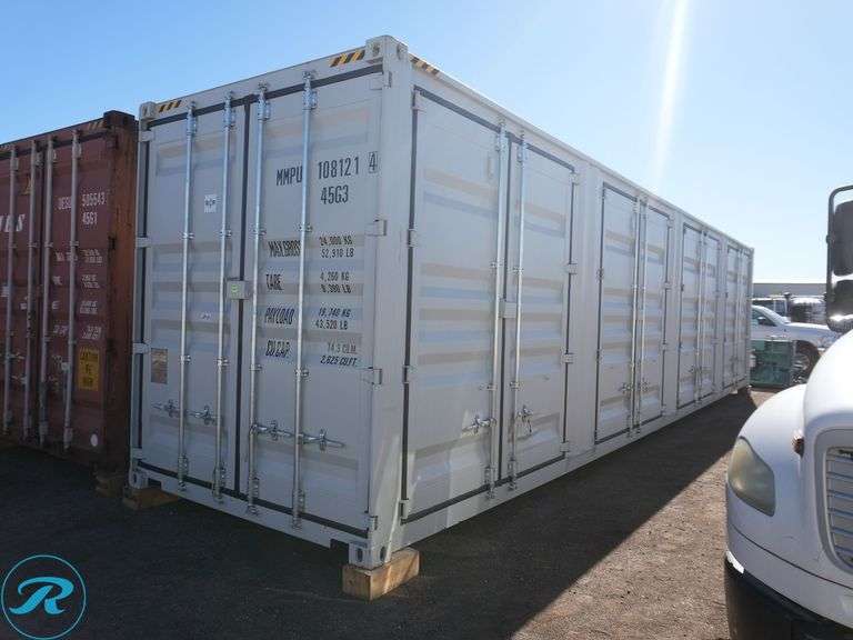New 2025 40' Steel Storage Container, High Cube, 9' 6" High x 8' Wide, (4) Double Door Side Openings (Container Damaged Both Sides, With Hole in Door on Right Side) - Roller Auctions